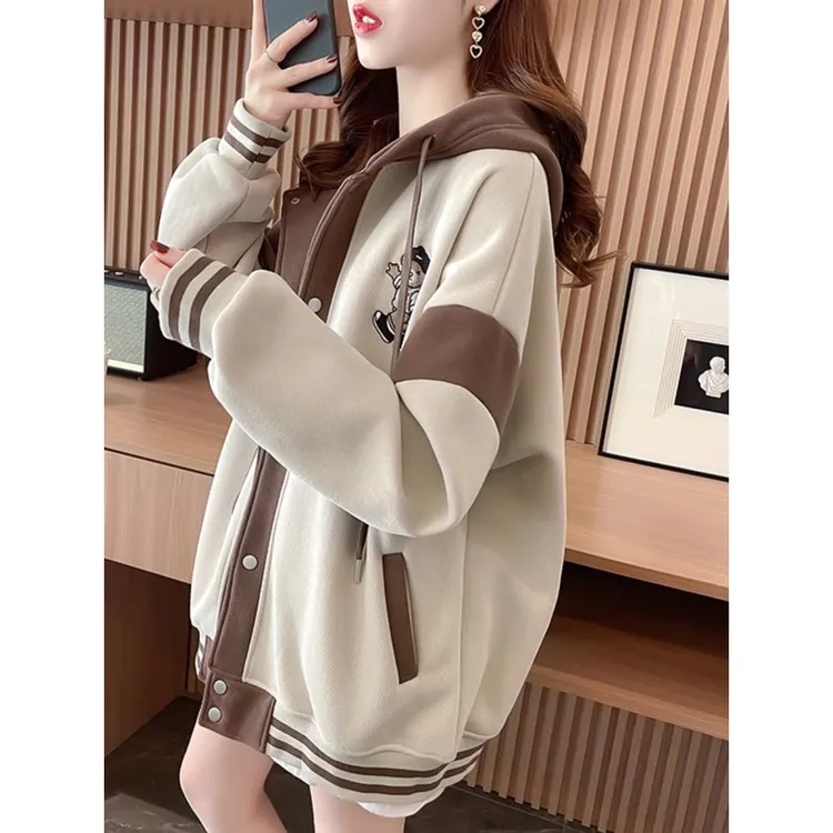 春秋薄款撞色卫衣女初秋款2025新款中长款遮屁股百搭棒球服外套潮