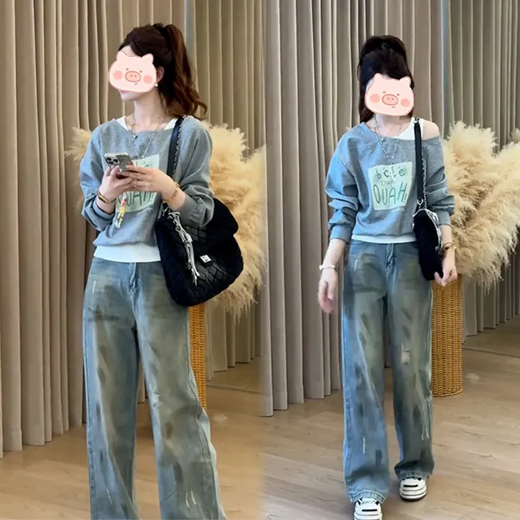 2025年秋季新款穿搭一整套时尚百搭设计上衣搭配宽松显瘦牛仔裤女