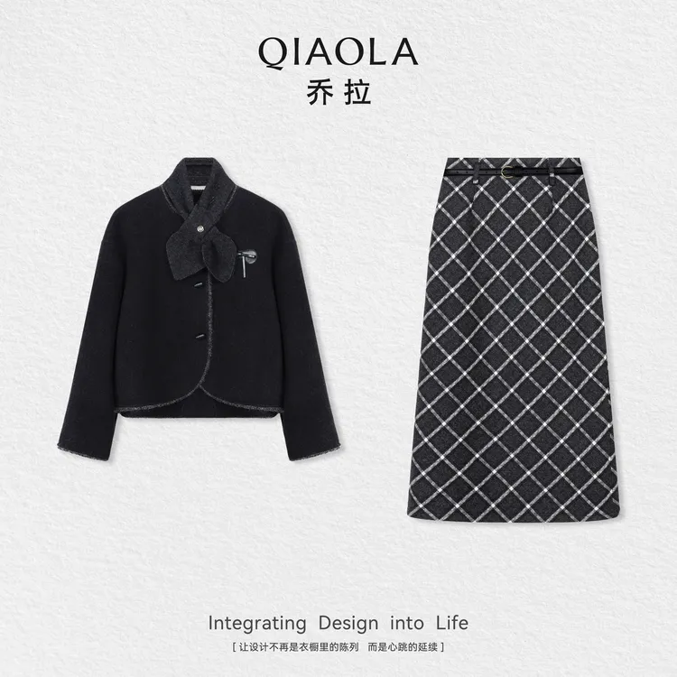 QIAOLA/乔拉【锈色罗曼史】秋季绵羊毛高立领时尚简约毛呢外套半裙