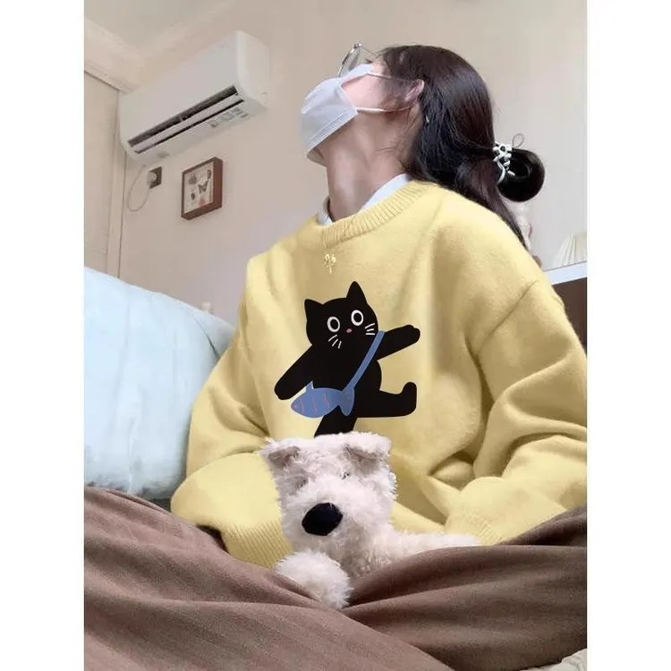 秋冬季趣味猫咪软糯毛衣2025新款韩系甜美宽松套头长袖针织衫上衣