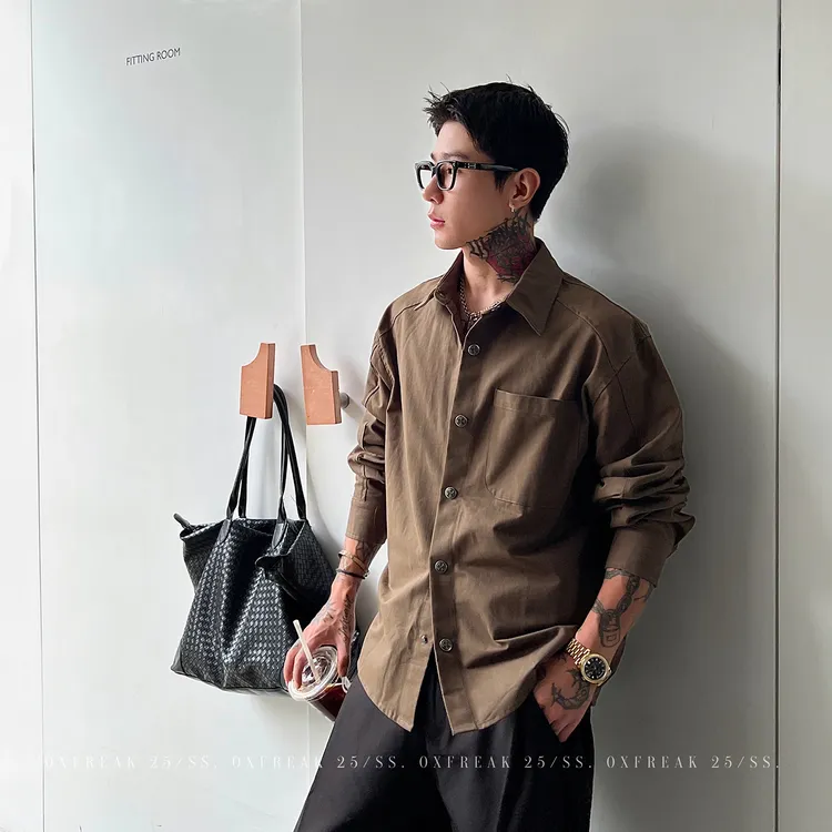 OXFREAK「定制永生花纽扣」老钱风咖色长袖衬衫男秋季高级感衬衣