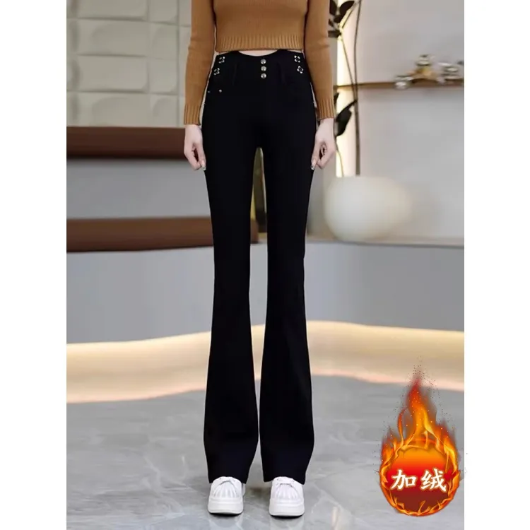 拉夏贝尔加绒外穿打底休闲裤女2025新款秋冬季高腰显瘦保暖微喇裤