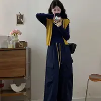 胖颖专属大码秋季新款撞色披肩针织上衣+时尚长裤套装6275
