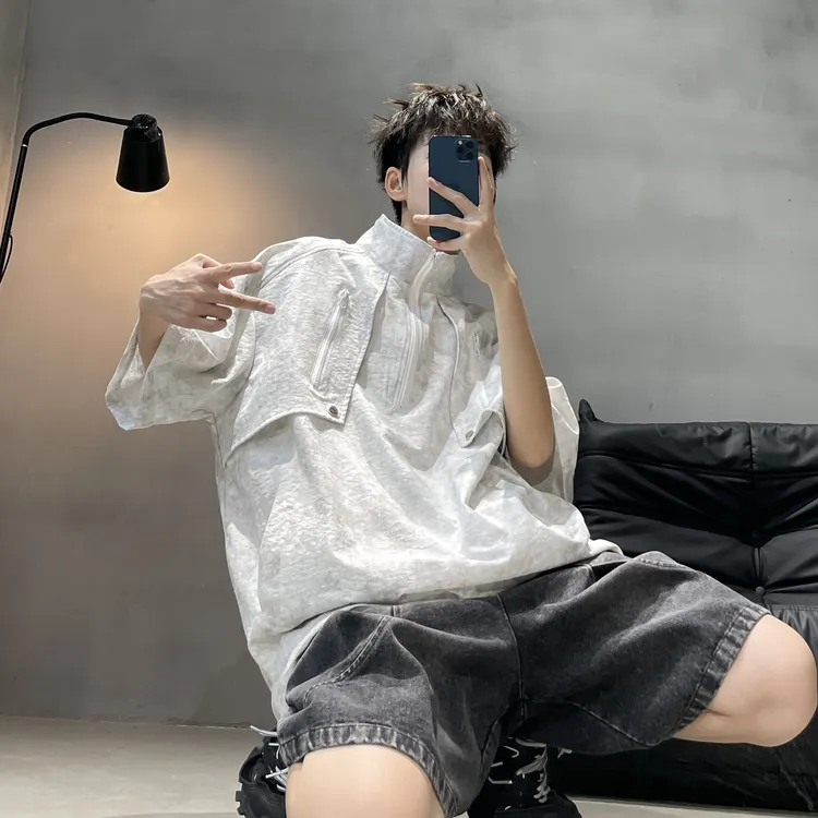 立体工装裁剪立领短袖男夏季宽松翻领休闲扎染T恤百搭半袖五分袖