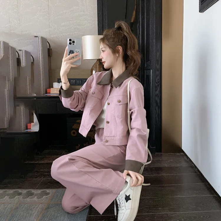 韩系粉色甜美减龄工装牛仔阔腿裤套装2025早秋超好看显瘦潮两件套