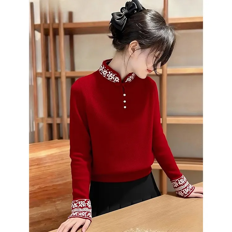 新中式红色刺绣毛衣女冬季保暖加厚巨好看高端气质国风针织衫上衣