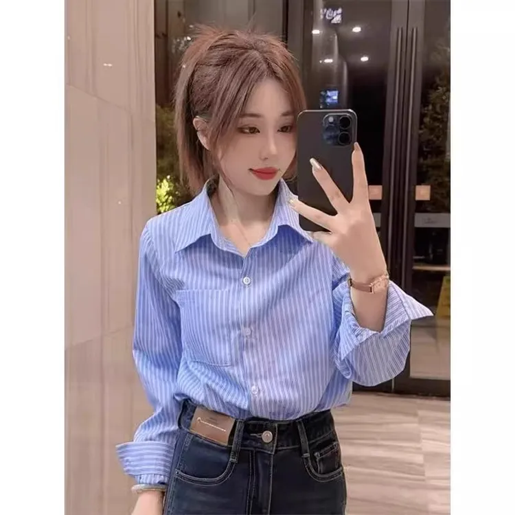 蓝色条纹衬衫女2025新款早春美拉德穿搭上衣轻熟法式小众长袖衬衣