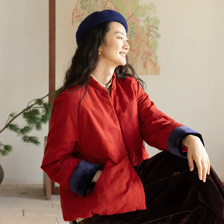 牧衣游原创 真丝混纺提花高蓬松红嘴雁绒羽绒服红色中式 松间照