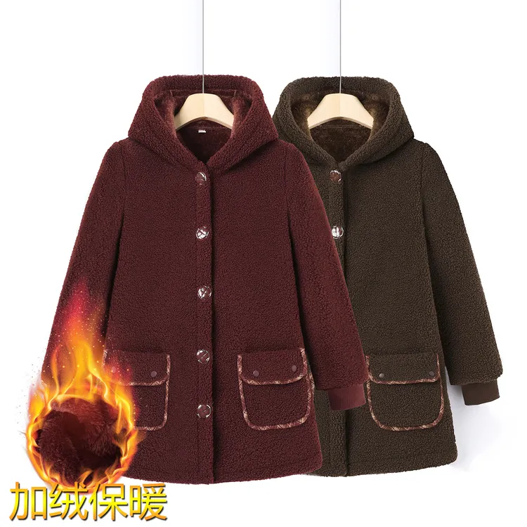 中老年女颗粒绒外套妈妈连帽卫衣加绒加厚保暖洋气奶奶秋冬装上衣