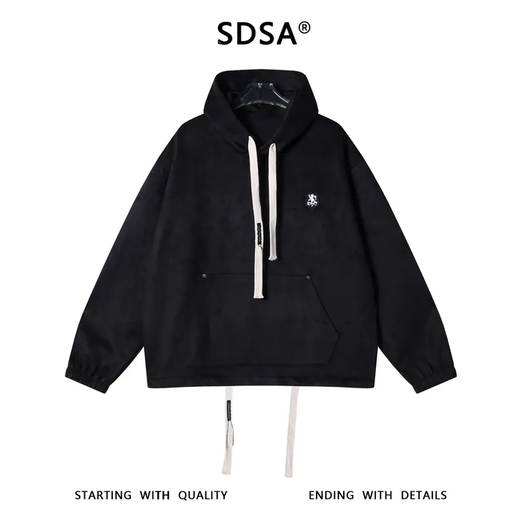 SDSA秋冬新款痞帅男装潮牌绒面下摆松紧抽绳连帽卫衣刺绣标百搭 