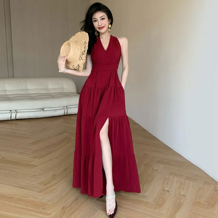 法式气质红色开叉v领长裙连衣裙女夏2025新款绝美漂亮掐腰裙3852