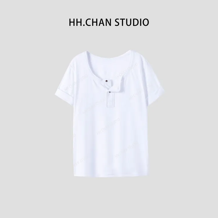 HH.CHAN“四季”100%棉四季百搭两粒扣白色圆领短袖HH52D36783