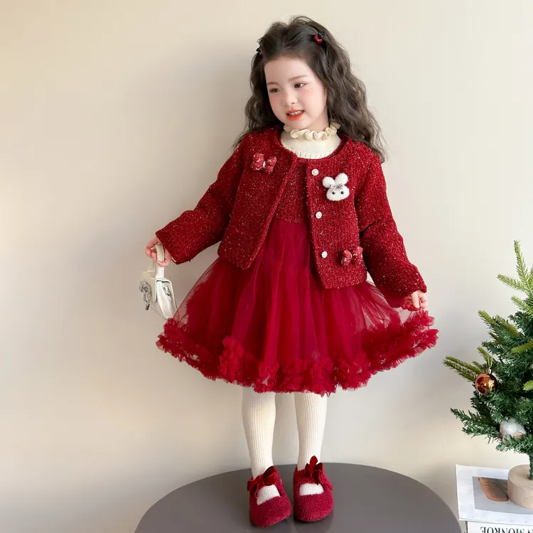 女童小香风连衣裙套装韩系女宝宝甜美红色新年衣服儿童加绒拜年服