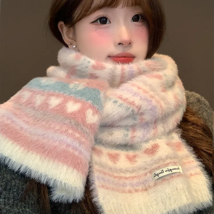 软糯毛绒郁金香针织围巾女冬季加厚保暖可爱甜美学生护颈防寒围脖