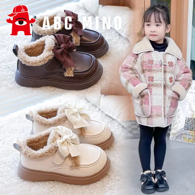 ABC MINO女童皮鞋冬款潮牌儿童二棉豆豆鞋小女孩公主加绒棉鞋软底