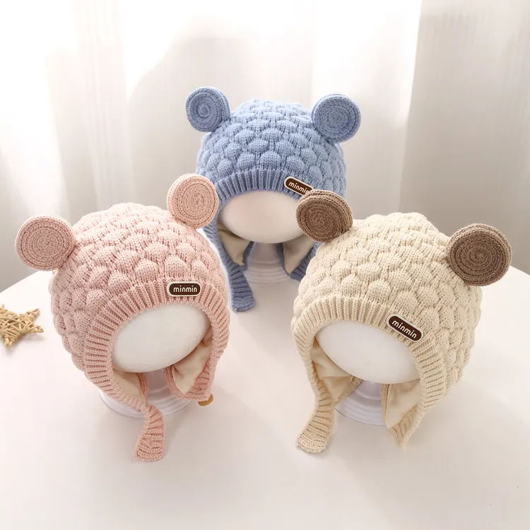 婴儿帽子秋冬季纯棉可爱宝宝双球护耳帽男女童冬天防风针织毛线帽
