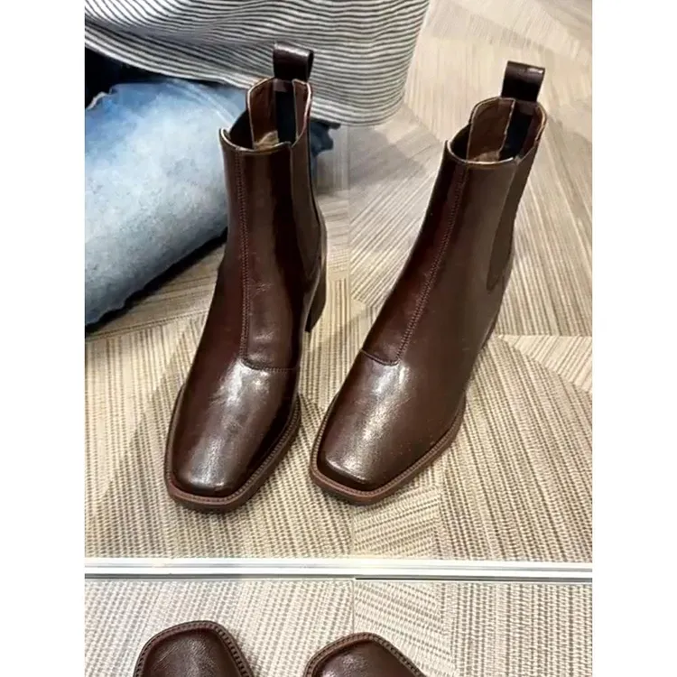 方头复古切尔西短靴女真皮粗跟一脚蹬靴子秋冬爆款大码41-43
