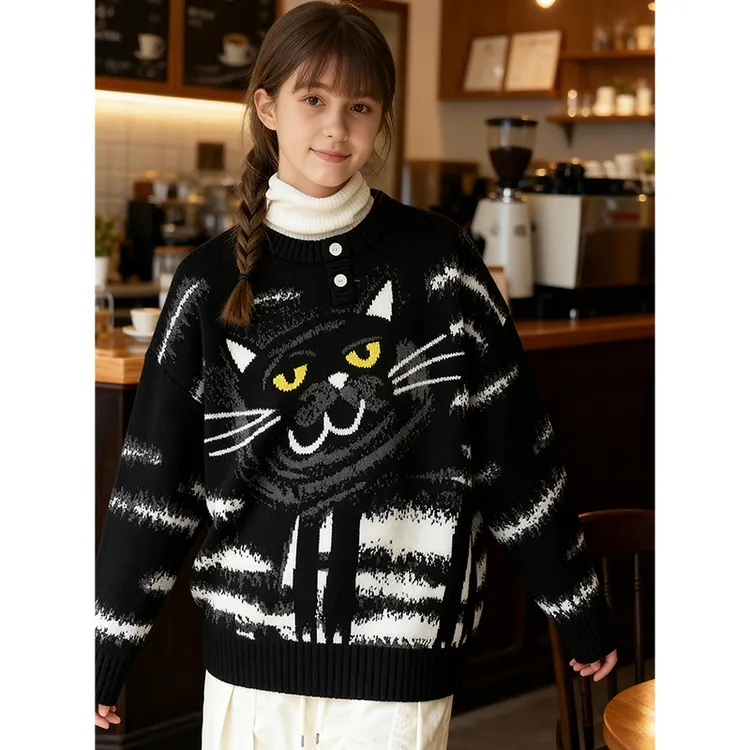 FOMONULL羊毛混纺加厚提花复古毛衣针织宽松长袖慵懒休闲针织衫