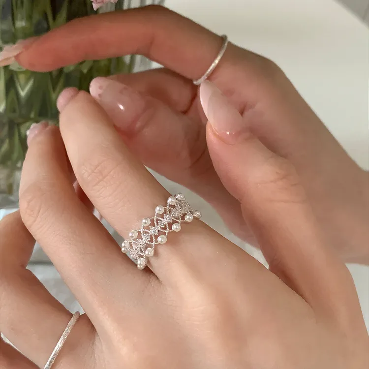 韩版蕾丝花边珍珠锆石戒指女小众高级感轻奢个性气质百搭新品手饰