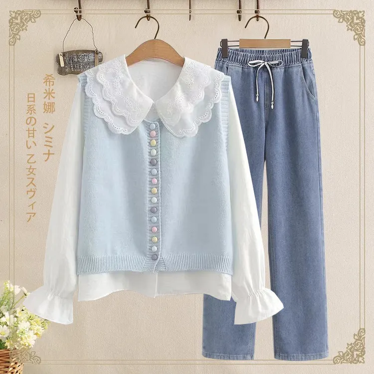 女童套装2025秋季洋气衣服小清新针织马甲娃娃领衬衫牛仔裤三件套