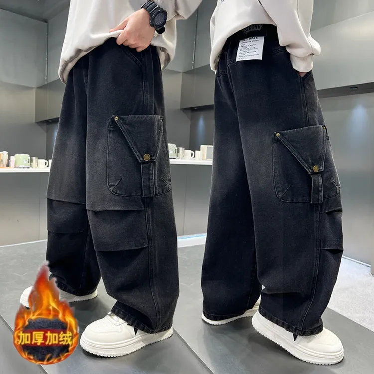 男童加绒牛仔裤2025秋冬潮童工装牛仔裤中大童加厚宽松百搭洋气裤