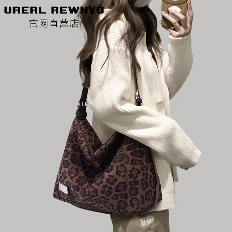 URERL REWNVO麂绒豹纹托特包女2025新款大容量通勤复古豹纹斜挎包