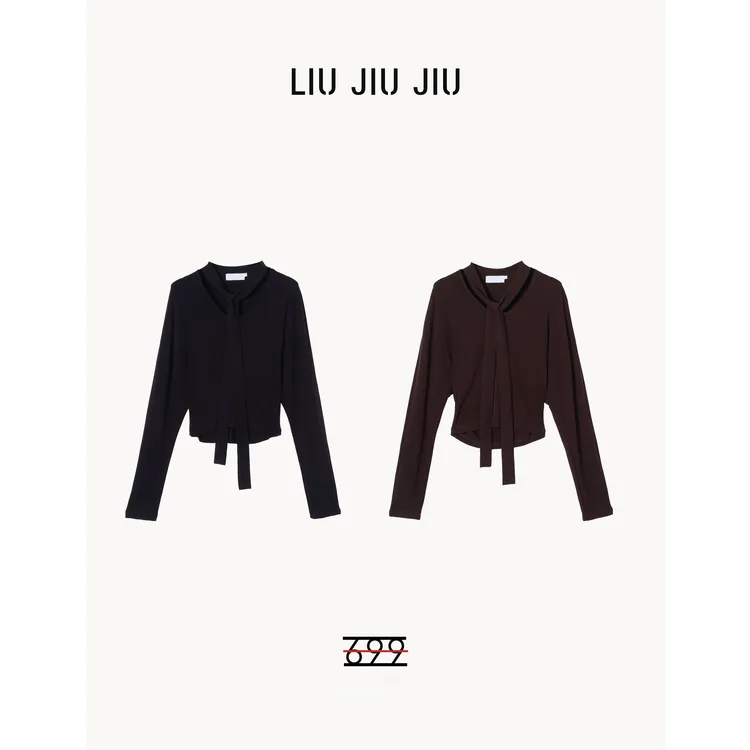 LIUJIUJIU 韩版不规则小众设计感长袖圆领绑带时尚显瘦T恤TX4438L