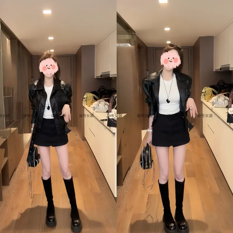 2025早秋高级感街头短款PU皮外套内搭上衣显瘦牛仔半身裙裤套装女