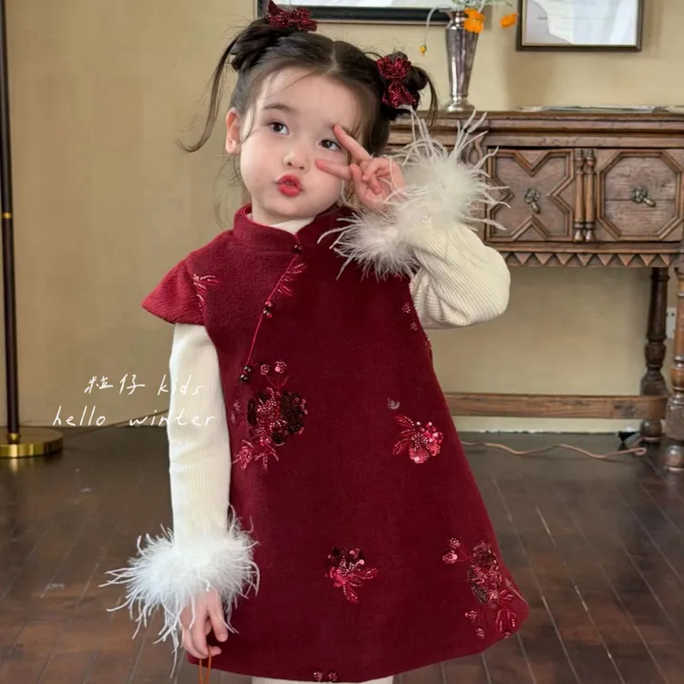 25年款 苏西红色年款裙 加绒国风旗袍连衣裙 