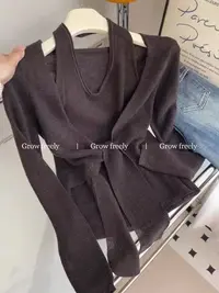 （看姐妹预约人数上新款式）新款韩版秋季灰色假两件长袖挂脖针织衫