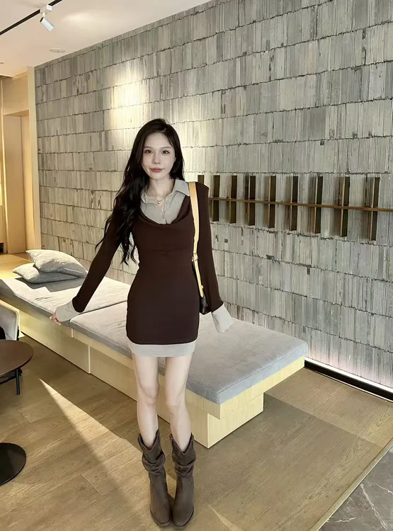  【田姜女装 】秋款拼接修身连衣裙