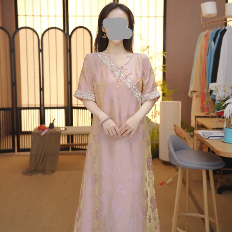 新中式斜襟改良旗袍裙2025夏季新款女装禅意优雅高级感宽松连衣裙