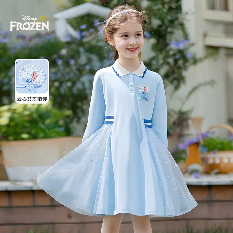 Disney/迪士尼2025新款春秋女童艾莎公主裙polo连衣裙童装长裙子