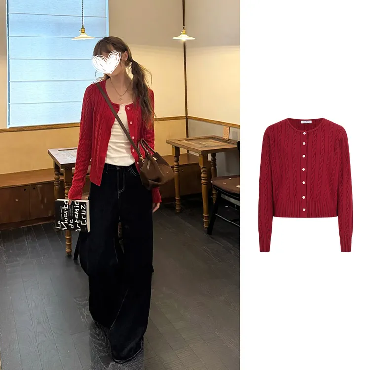 Moses Queen/魔西女王新款红色麻花毛衣开秋冬小个子外搭针织上衣