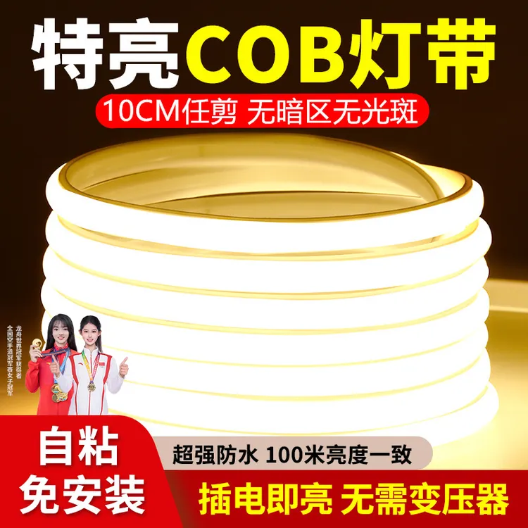 COB灯带220v防水超亮自粘线形灯家用客厅吊顶白暖光户外led软灯条