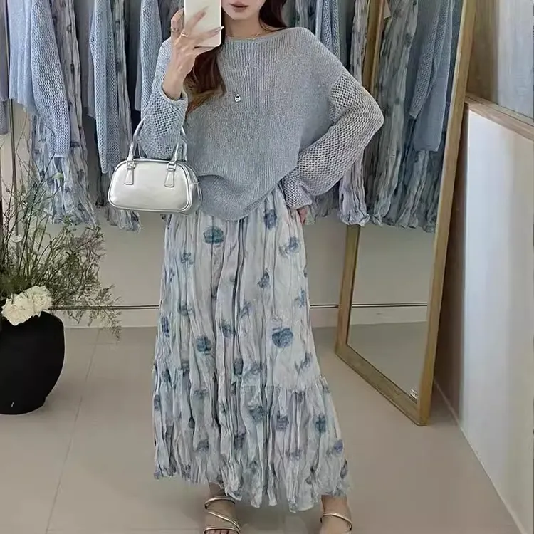 La babite蓝色玫瑰半身裙女夏季2025年新款高腰碎花气质温柔长裙