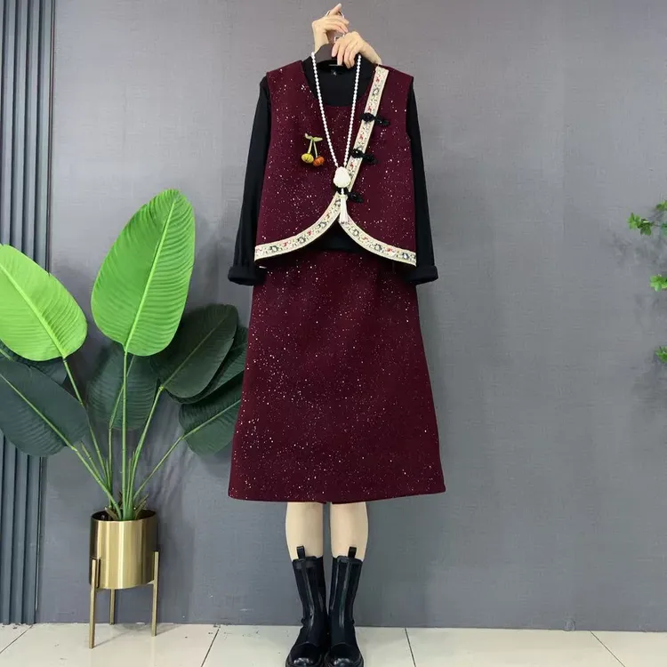 欧货设计款新中式拼色香风马甲显瘦半身裙亮闪闪遮肉百搭三件套