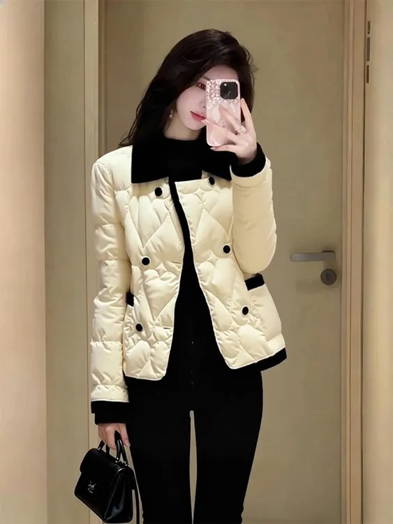 巨好看的翻领杏色棉服外套女装冬季独特漂亮洋气轻薄保暖小棉袄