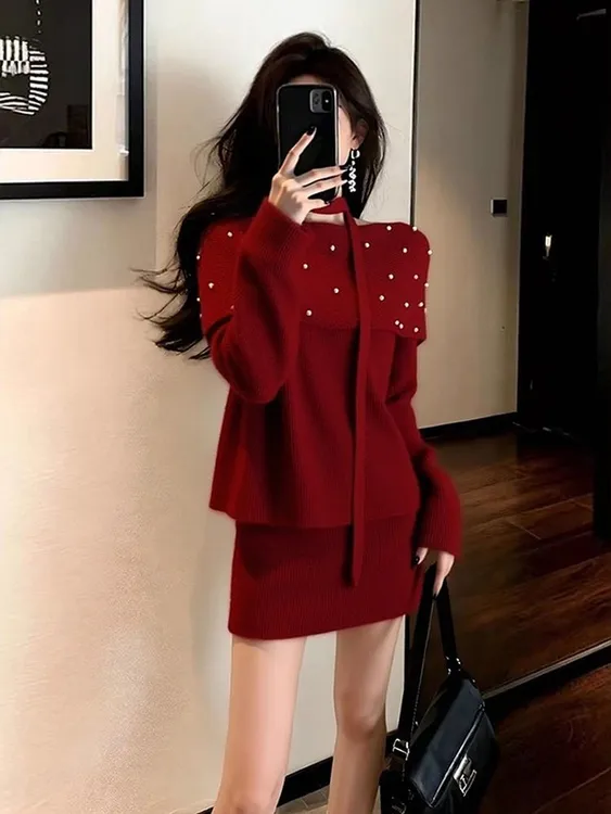 法式红色毛衣套装冬季小个子穿搭女2025新款针织上衣半身裙两件套