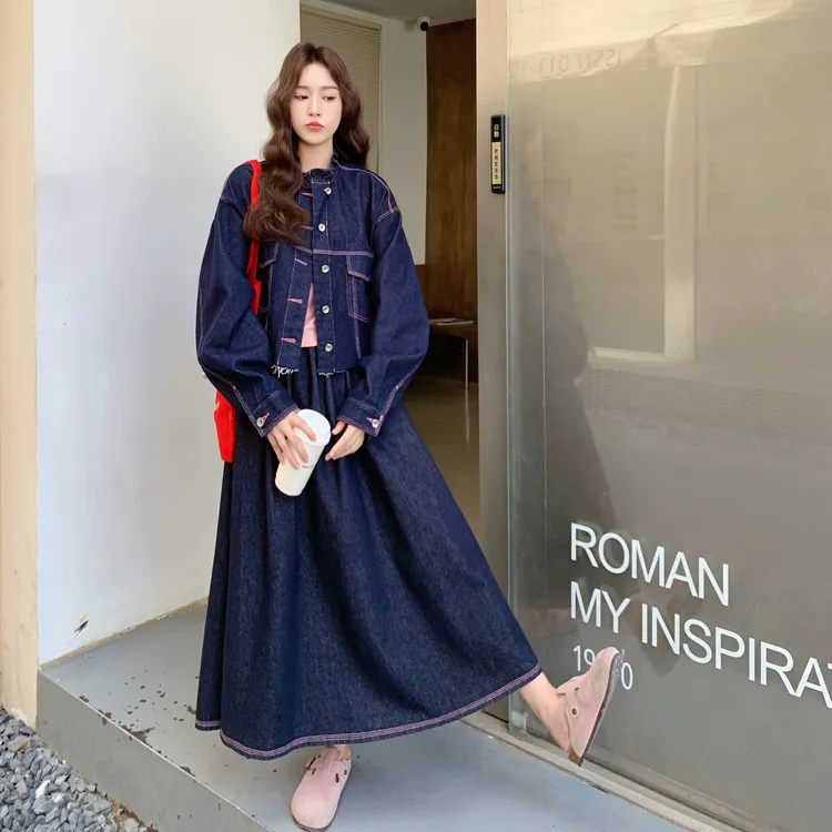 深蓝色撞色明线牛仔套装裙女2025年秋季设计感洋气减龄休闲两件套