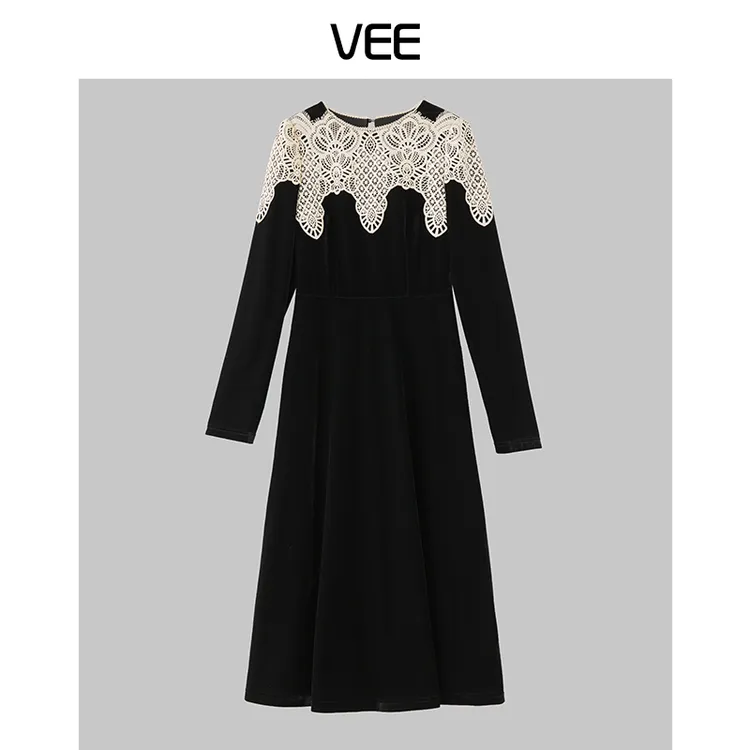 VEE【绒影华裳】优雅高贵蕾丝拼接丝绒连衣裙