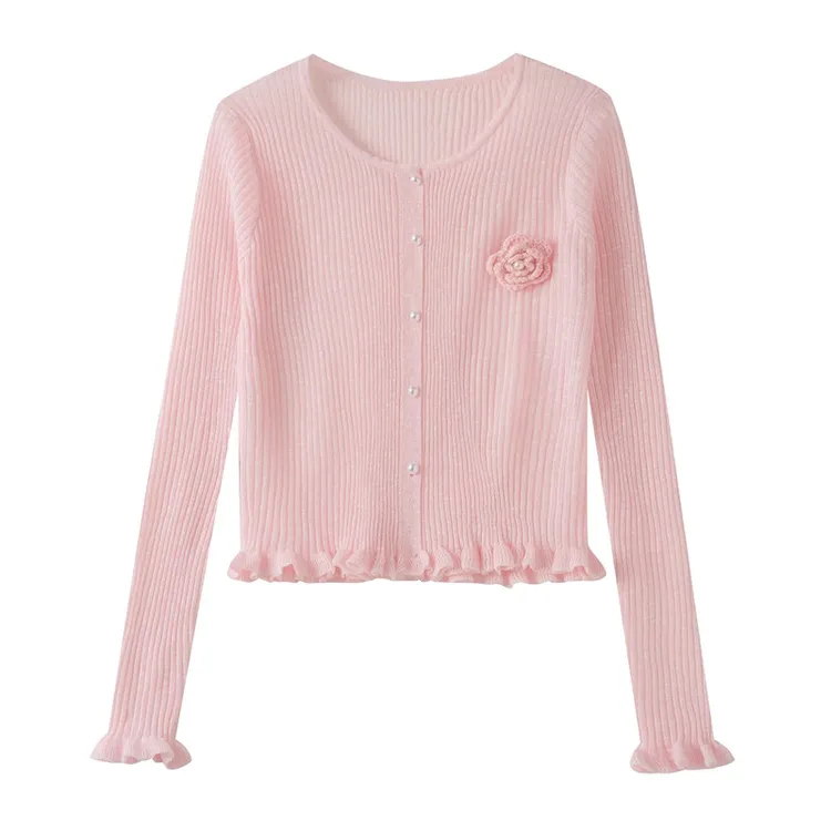 立体花朵木耳边针织衫开衫女夏季薄款V领冰丝防晒衫外搭小坎肩