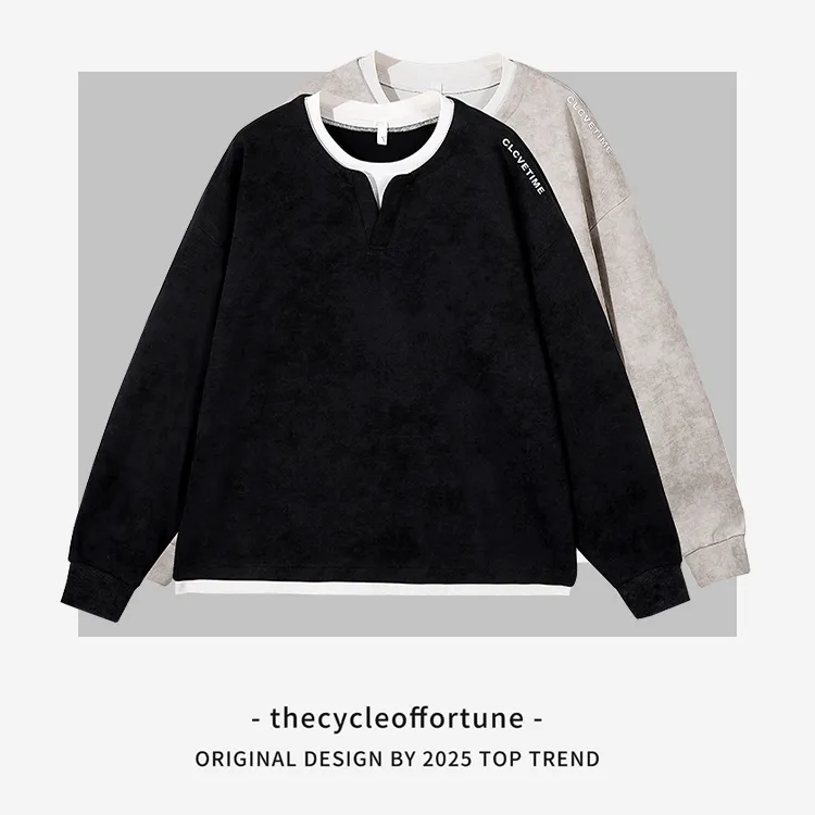 【新款】长袖男士潮牌休闲上衣假两件美式时尚百搭复古卫衣WY0001