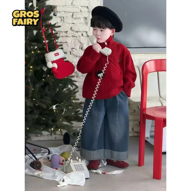 grosfairy儿童新款韩版洋气冬季套装中小童新年红厚毛衣加绒牛仔