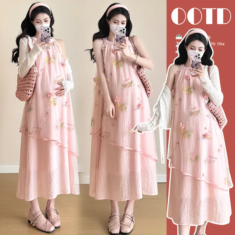 时髦孕妇装新款网纱刺绣无袖大码防晒衣显瘦时尚款宽松叠穿连衣裙