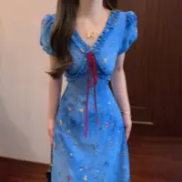 【清仓+运补5米】法式蓝色碎花连衣裙子女夏季气质包臀鱼尾长裙3011