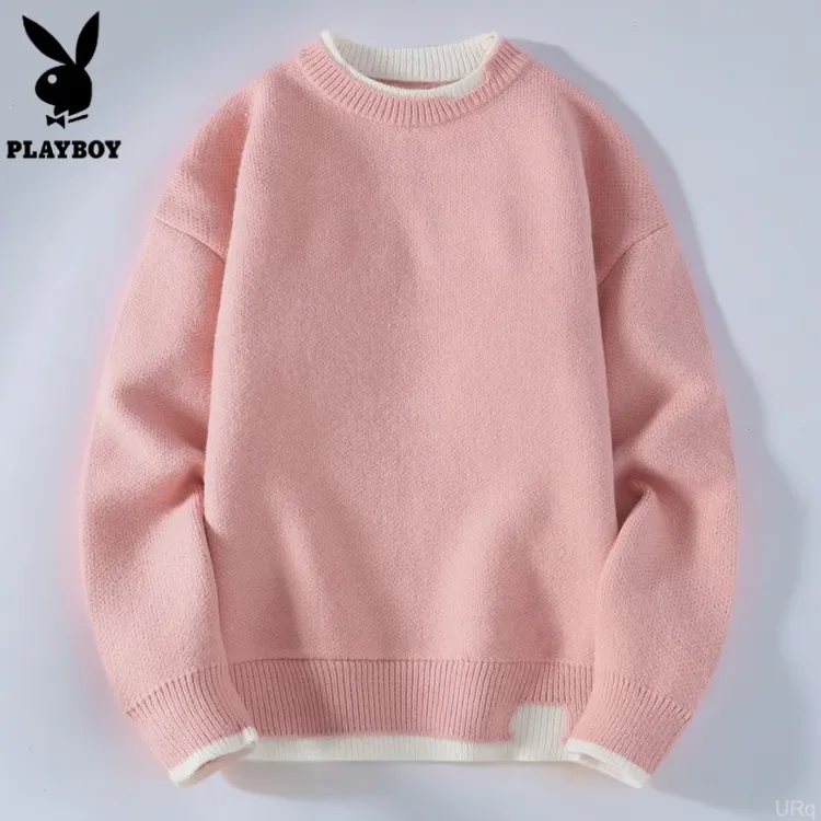 花花公子假两件秋冬款冬季针织线衣打底衫男士潮流圆领粉色毛衣男