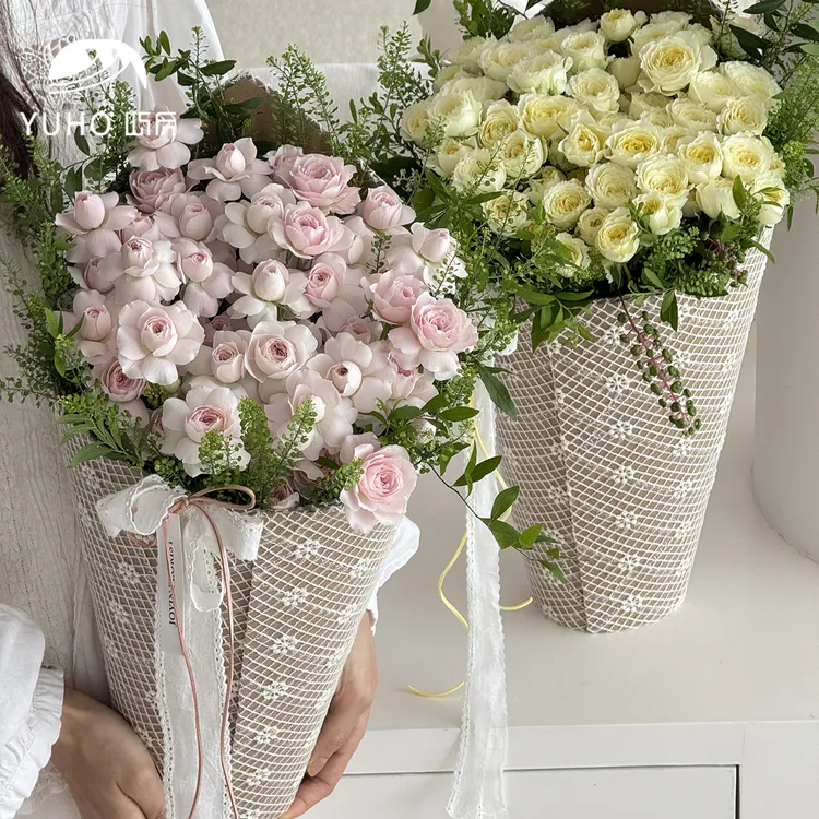 屿后 复古蕾丝成品冰淇淋花桶鲜花花束玫瑰插花甜筒礼盒花店资材