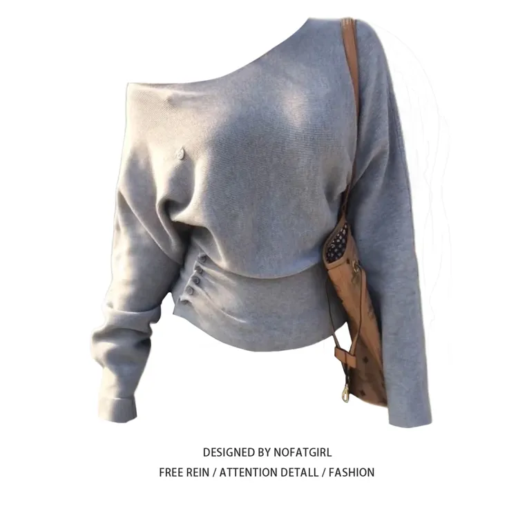 大码胖mm巨好看的斜肩上衣女秋季新款设计感收腰显瘦长袖打底衫潮