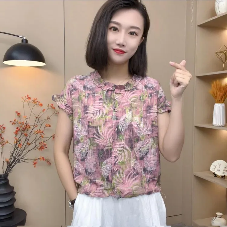 气质优雅小衫夏季薄款时尚荷叶领宽松洋气印花衬衫-7452